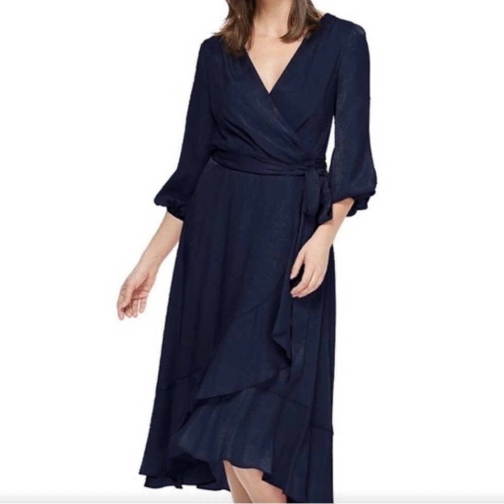 Gal Meets Glam | Elegant Navy Midi Wrap Dress with Ruffle Detail